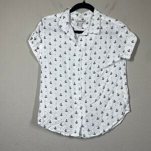 Alexander Jordan Womens Small Anchor Print Shirt White Navy Rayon Short Sleeves